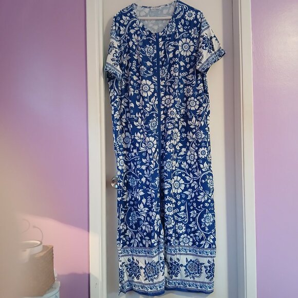 Women's Full Length House Dress Short Sleeve  Zipper Front Blue SZ L NWT - Picture 1 of 10